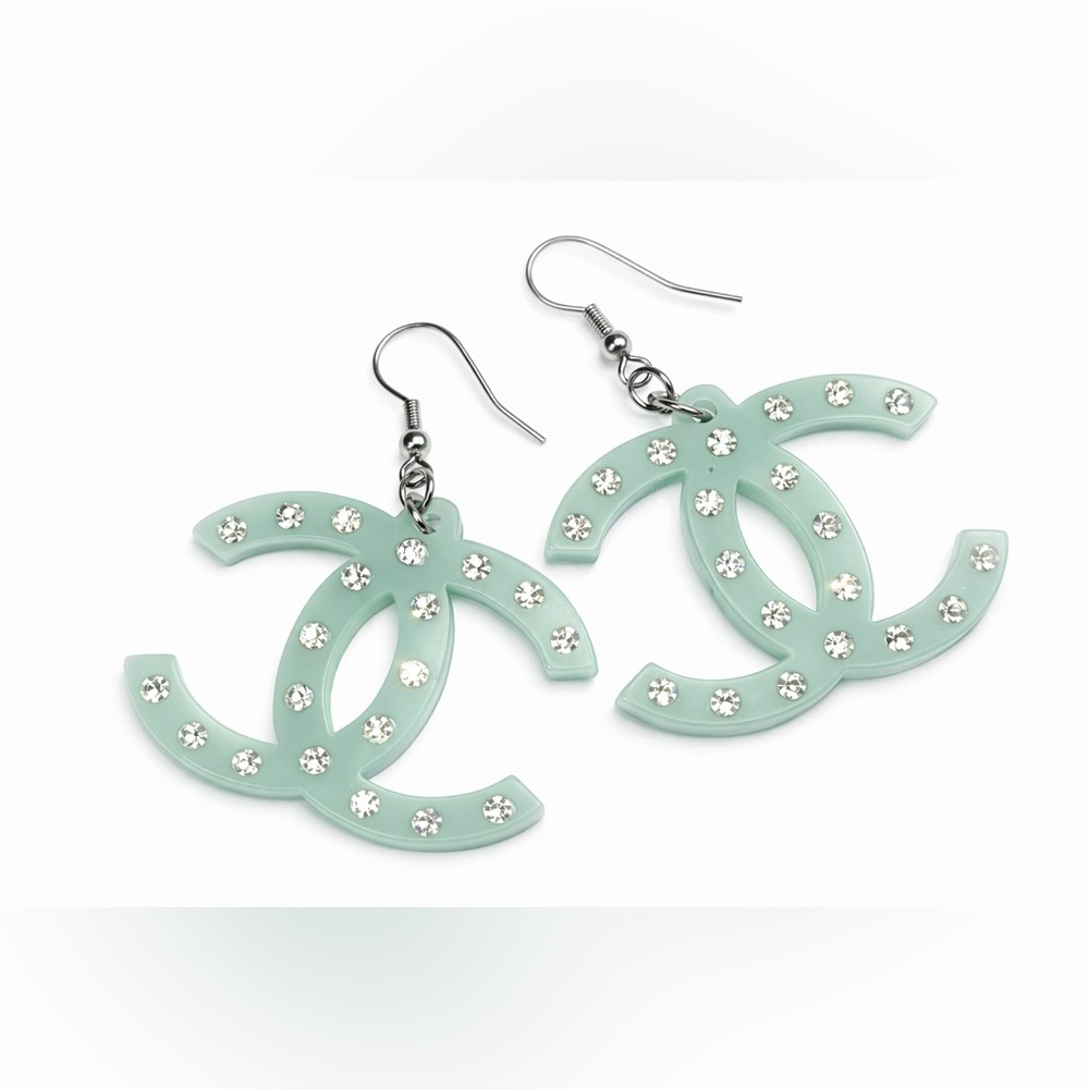 Chanel CC Mint Green Rhinestone Double C Logo Acrylic Drop Earrings NEW